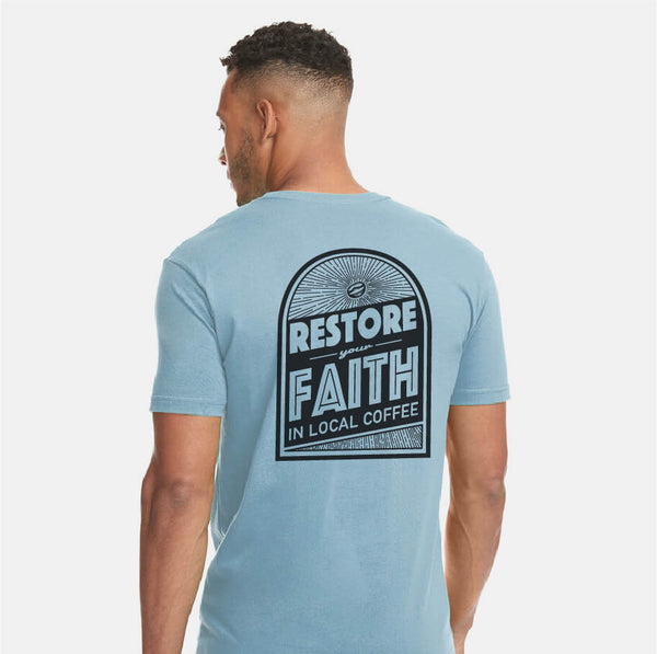 Restore Your Faith in Local Coffee Tee (Gray Sky) - Unisex